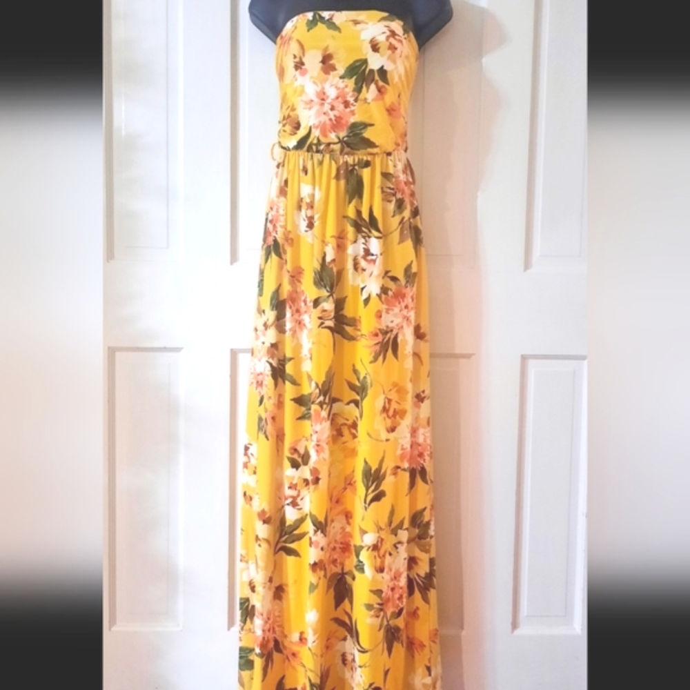 Strapless Floral Yellow Dress - Women's Size: Medium - Brand: Vibe - Long Length